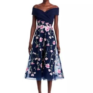 New Teri Jon by Rickie Freeman Off-the-Shoulder Embroidered Tulle Dress Size 10